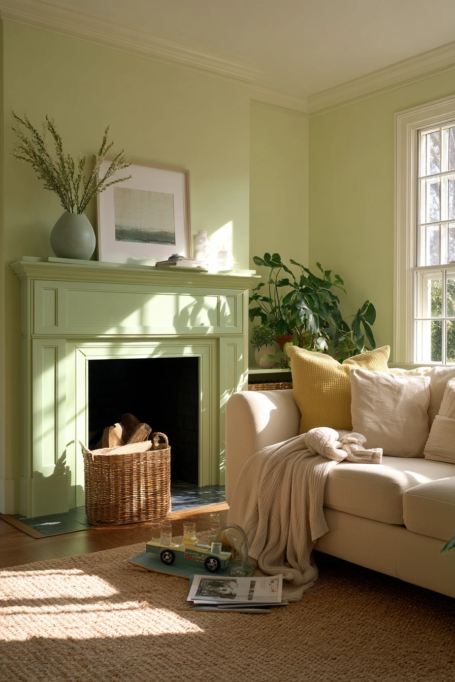 Sage Green Fireplace in a Sunlit Family Room