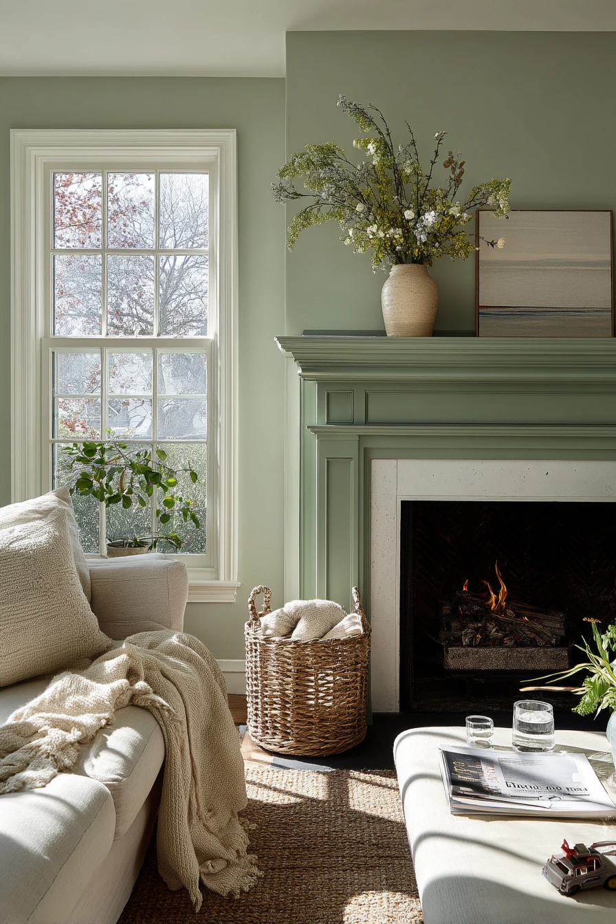 Sage Green Fireplace in a Sunlit Family Room