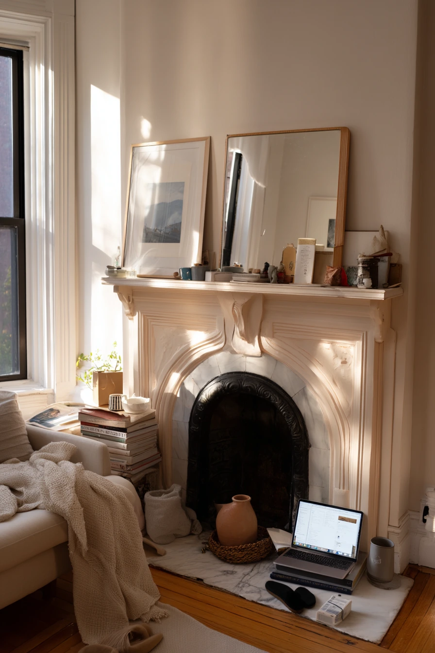 Blush Fireplace Update in a Small Apartment
