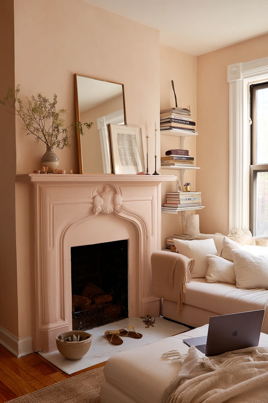 Blush Fireplace Update in a Small Apartment