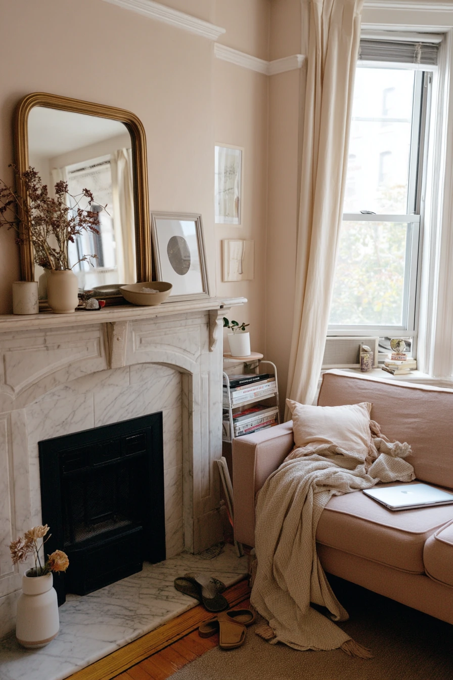 Blush Fireplace Update in a Small Apartment