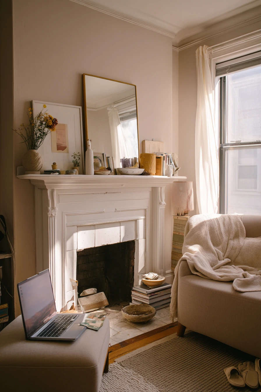 Blush Fireplace Update in a Small Apartment