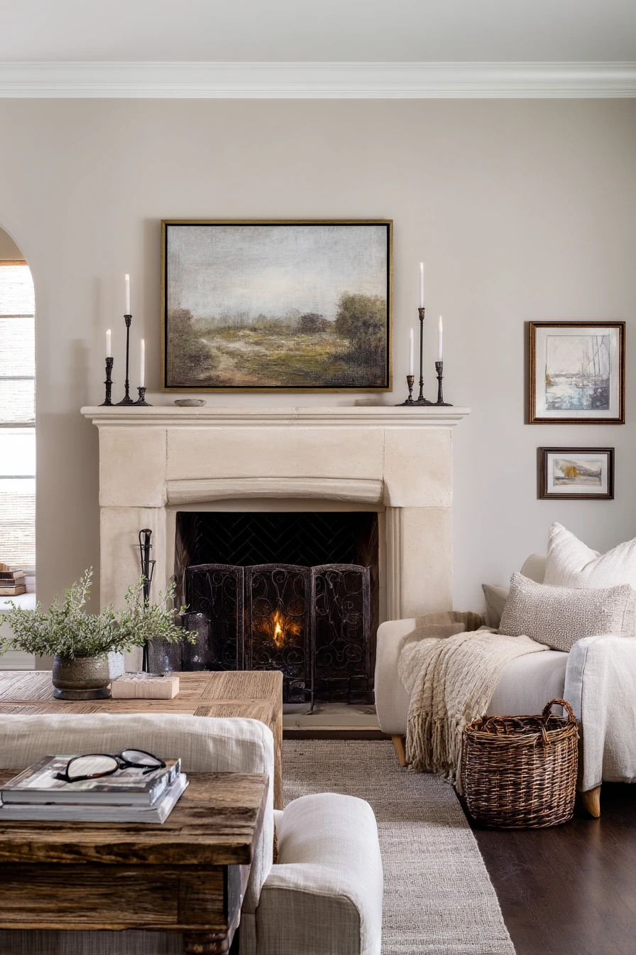 Classic Greige Fireplace with Layered Decor