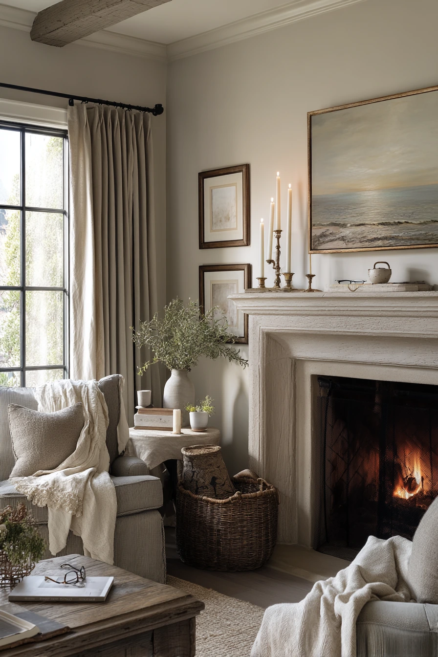 Classic Greige Fireplace with Layered Decor