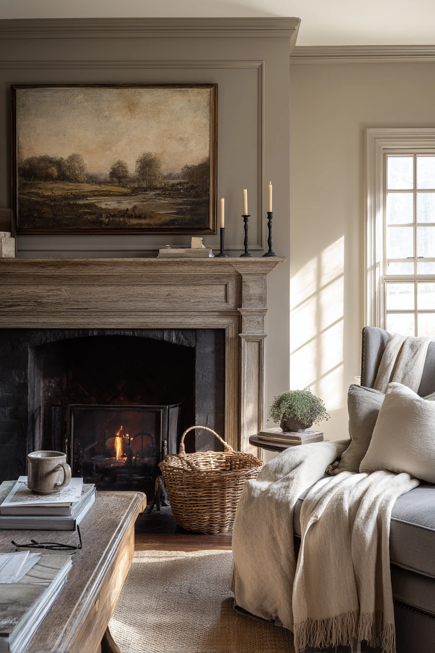 Classic Greige Fireplace with Layered Decor