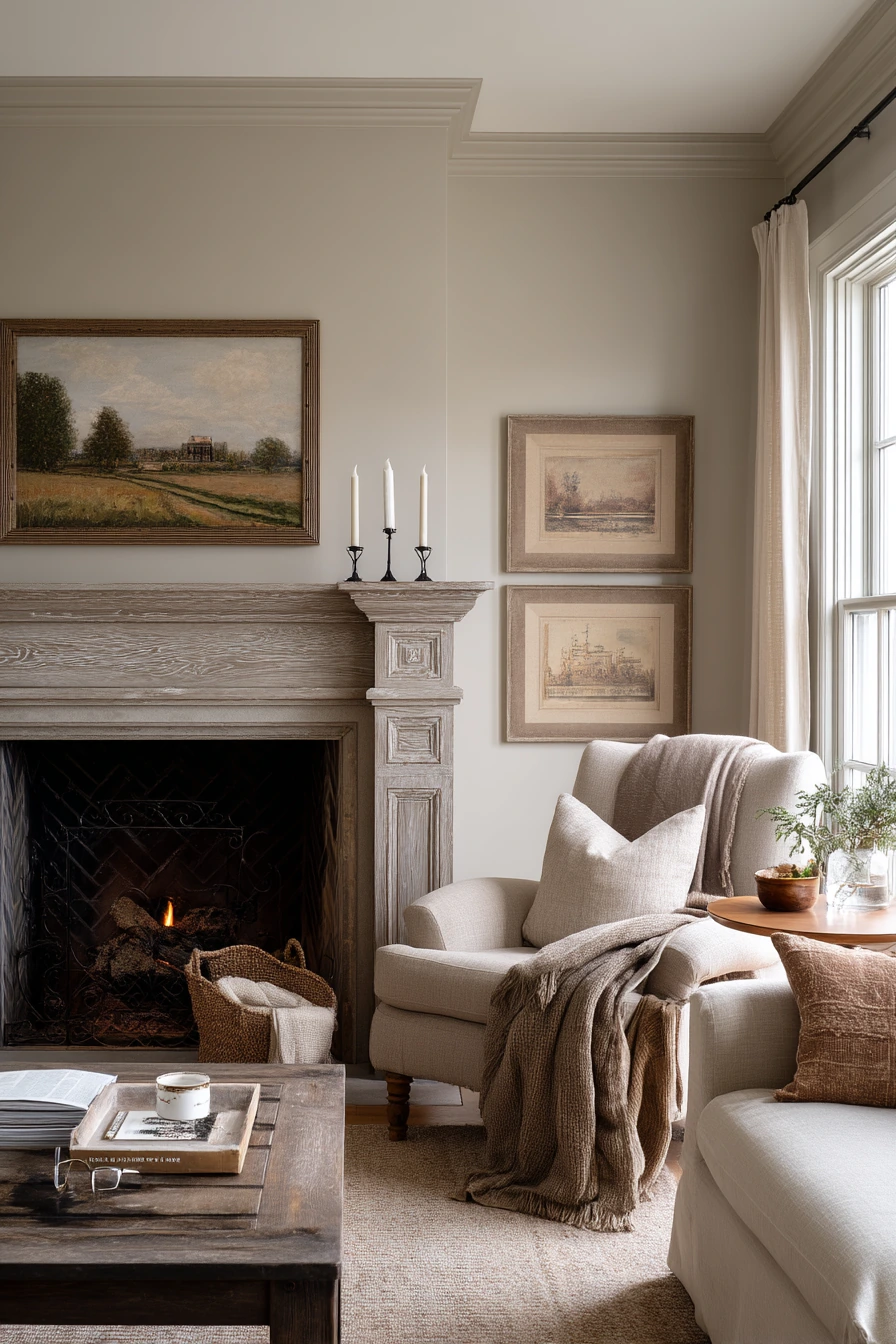 Classic Greige Fireplace with Layered Decor