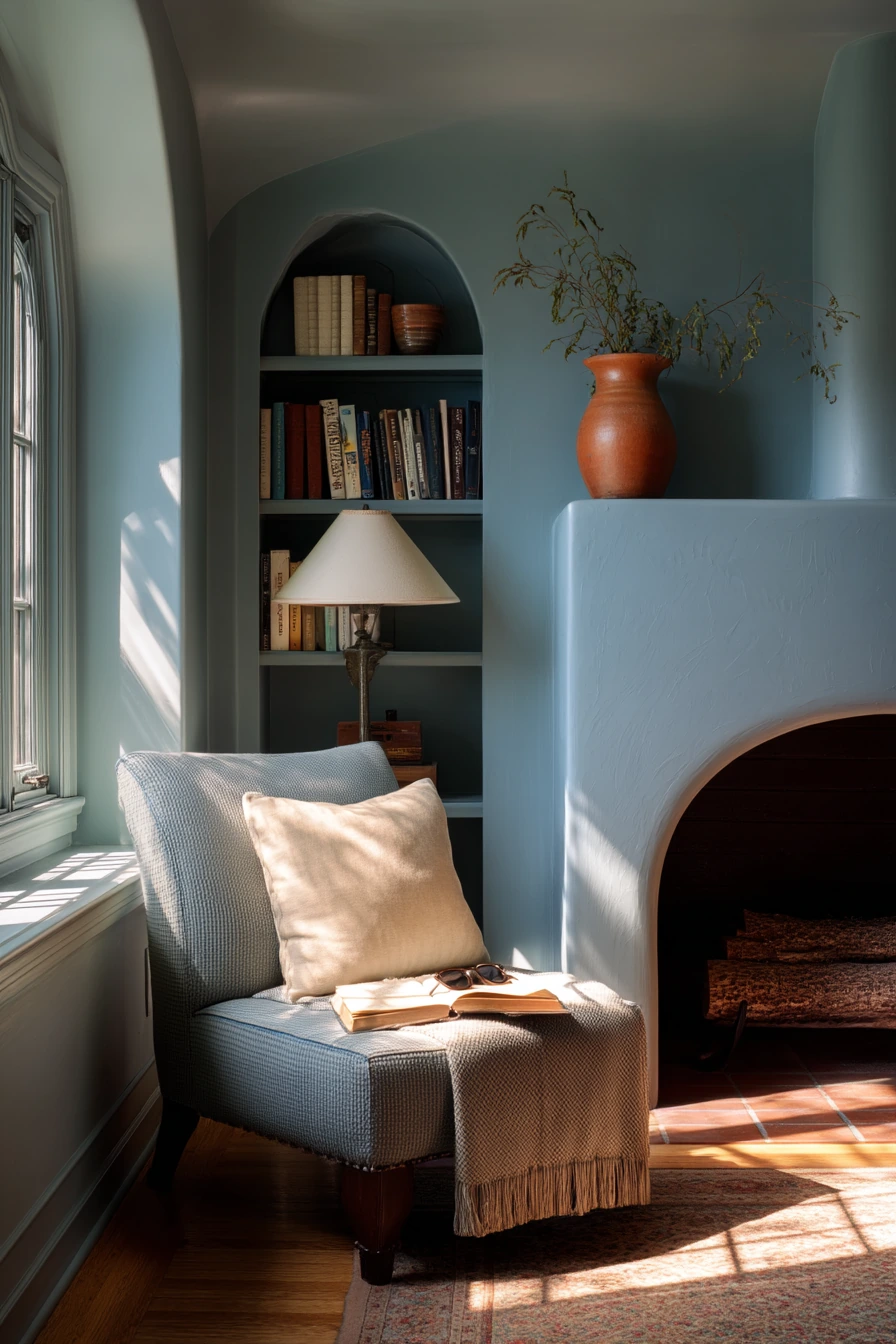 Dusty Blue Fireplace in a Reading Nook