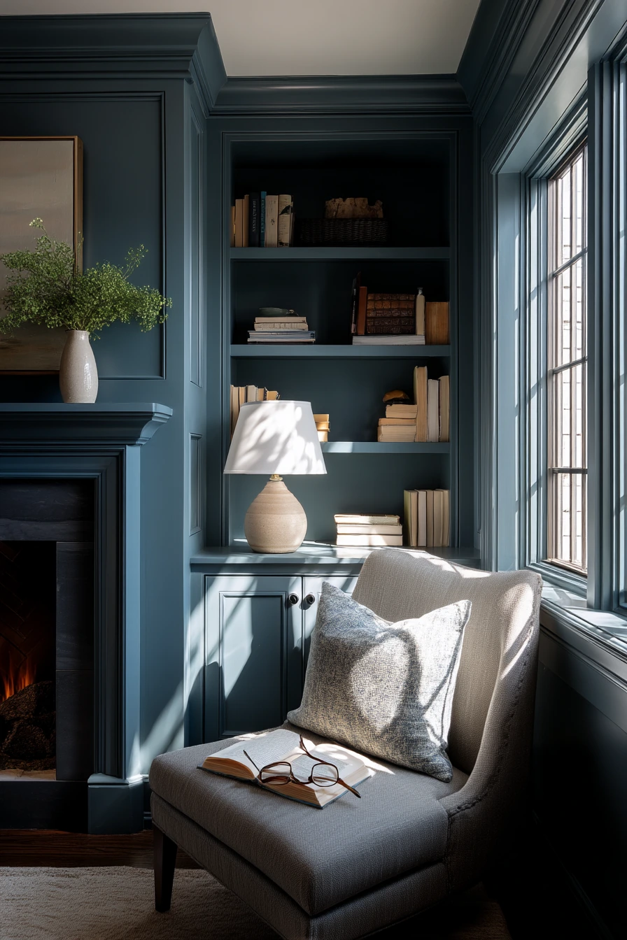 Dusty Blue Fireplace in a Reading Nook