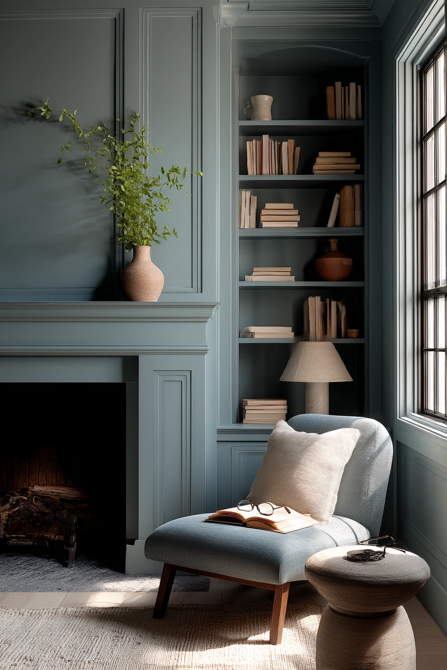 Dusty Blue Fireplace in a Reading Nook