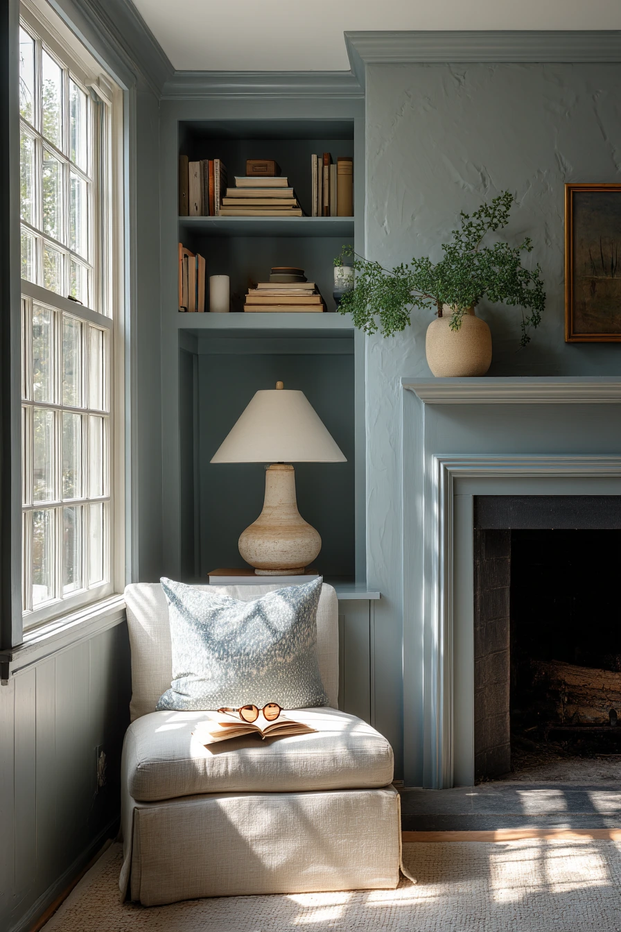 Dusty Blue Fireplace in a Reading Nook