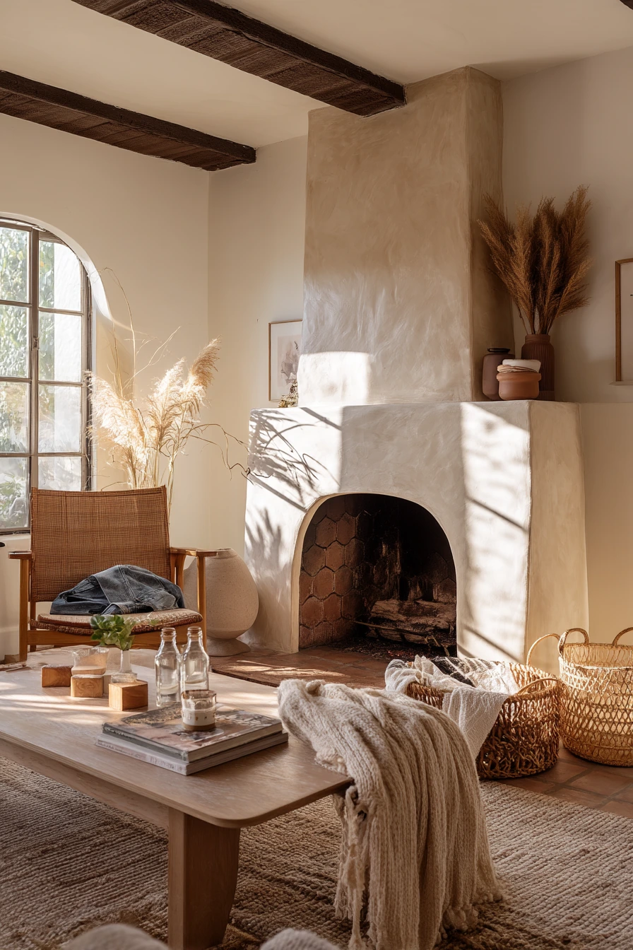 Warm Clay Fireplace in a Boho Living Space