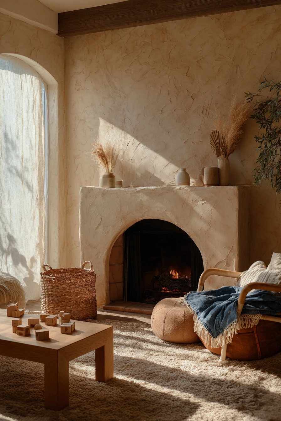 Warm Clay Fireplace in a Boho Living Space