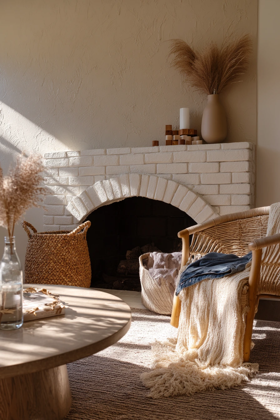 Warm Clay Fireplace in a Boho Living Space