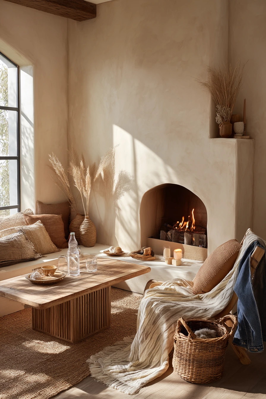 Warm Clay Fireplace in a Boho Living Space