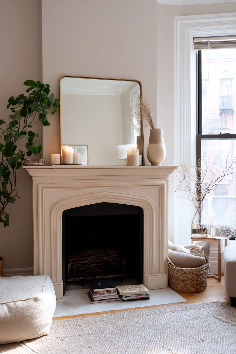 Cream Fireplace with Seasonal Neutral Decor