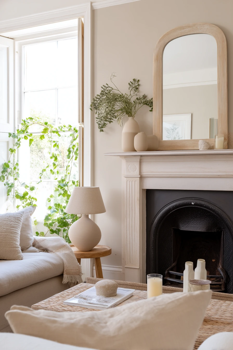 Cream Fireplace with Seasonal Neutral Decor