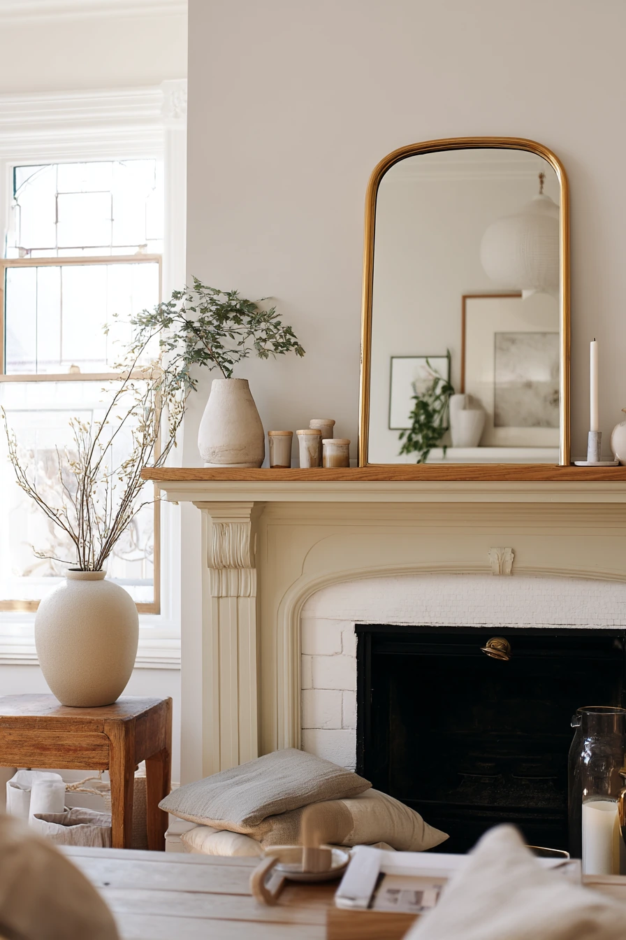 Cream Fireplace with Seasonal Neutral Decor