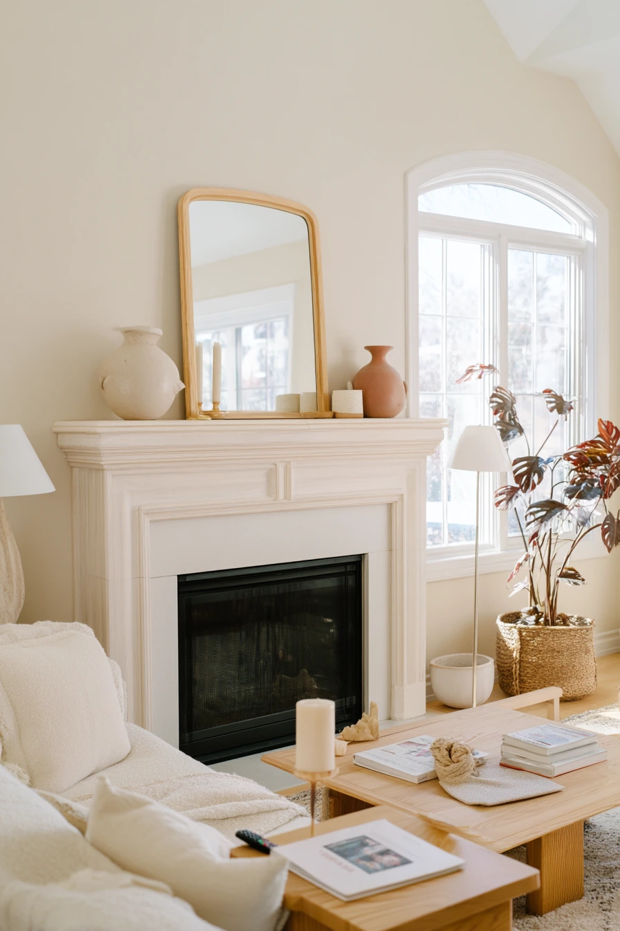 Cream Fireplace with Seasonal Neutral Decor