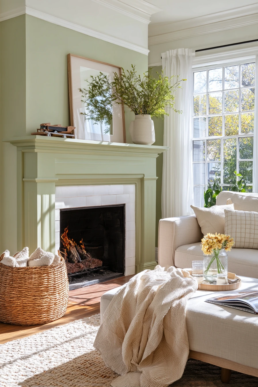 Sage Green Fireplace in a Sunlit Family Room