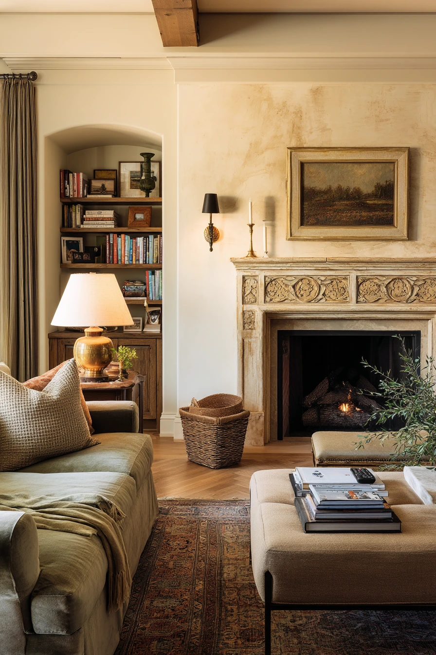 Traditional Fireplace with Antique Sconces