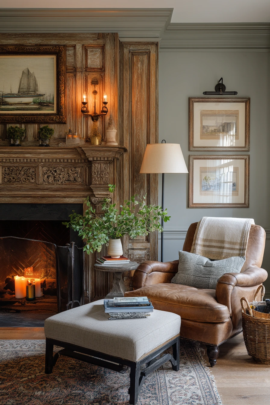 Traditional Fireplace with Antique Sconces