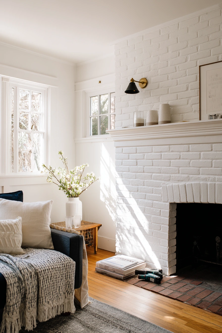 DIY Plug-In Sconces Above a Painted Brick Hearth