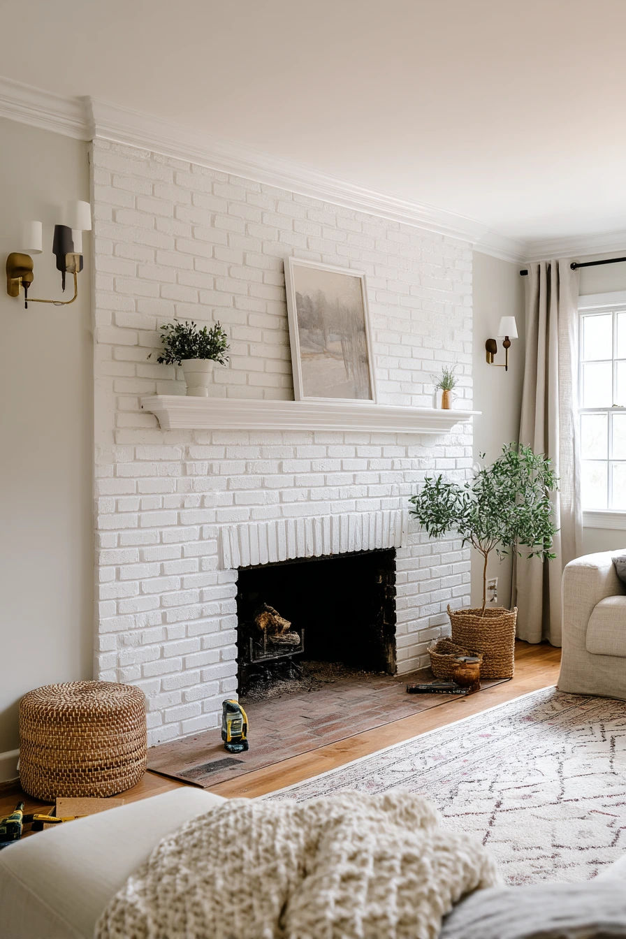 DIY Plug-In Sconces Above a Painted Brick Hearth