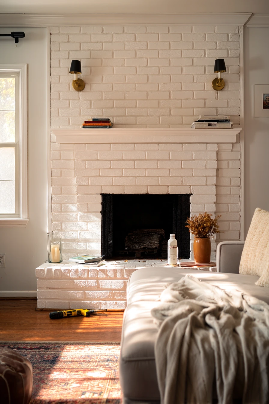 DIY Plug-In Sconces Above a Painted Brick Hearth