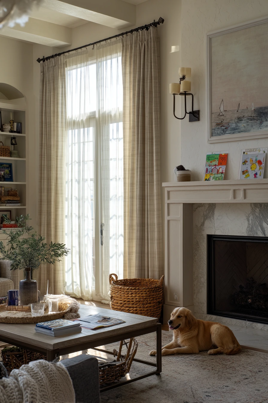 Sconces Over a Fireplace in a Kids-and-Pets Home