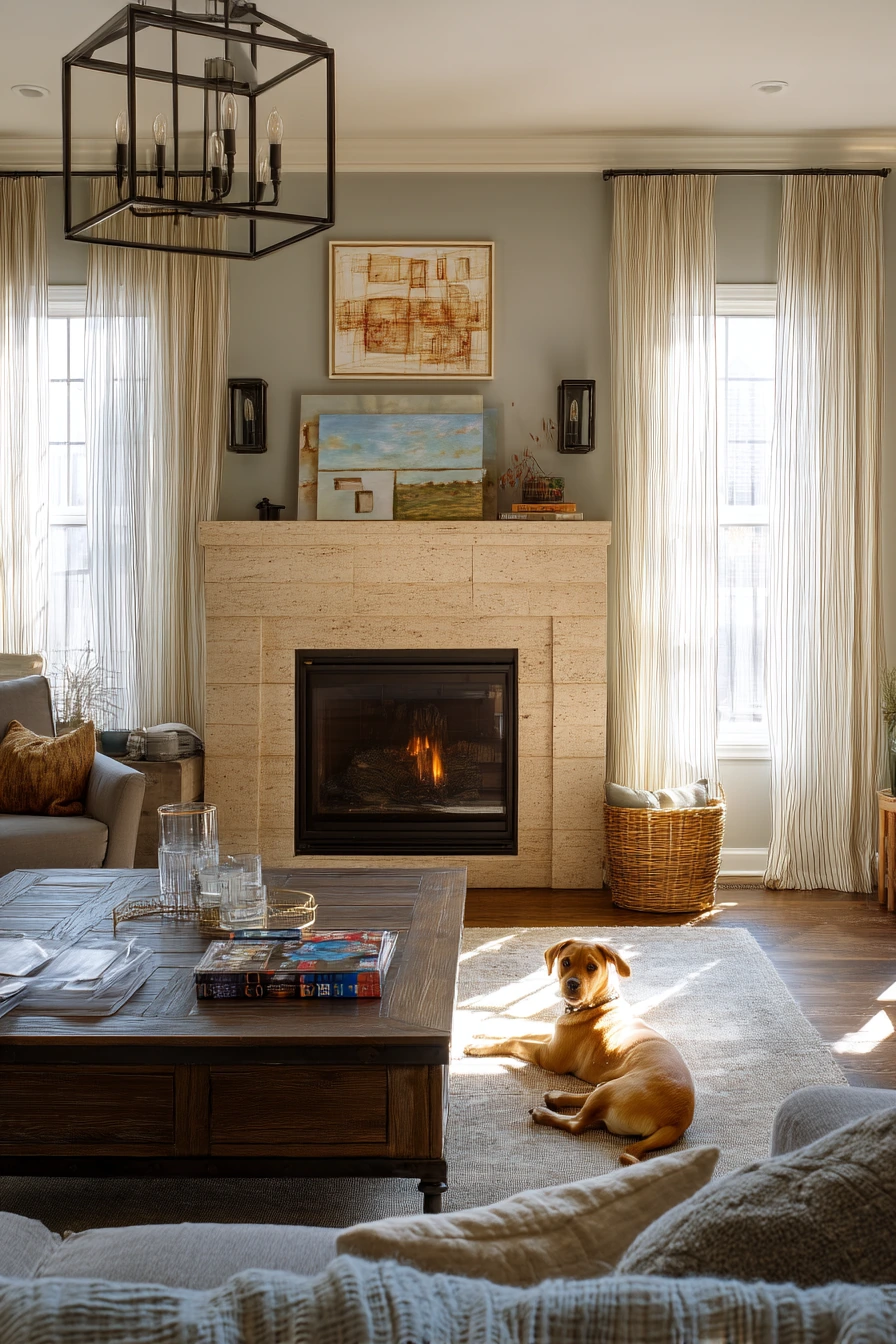 Sconces Over a Fireplace in a Kids-and-Pets Home