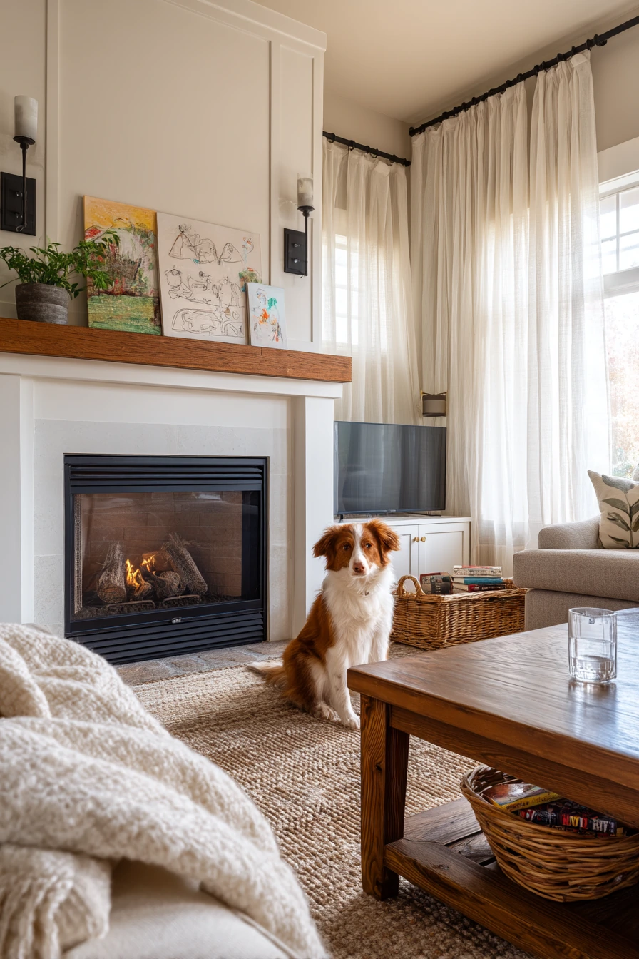 Sconces Over a Fireplace in a Kids-and-Pets Home