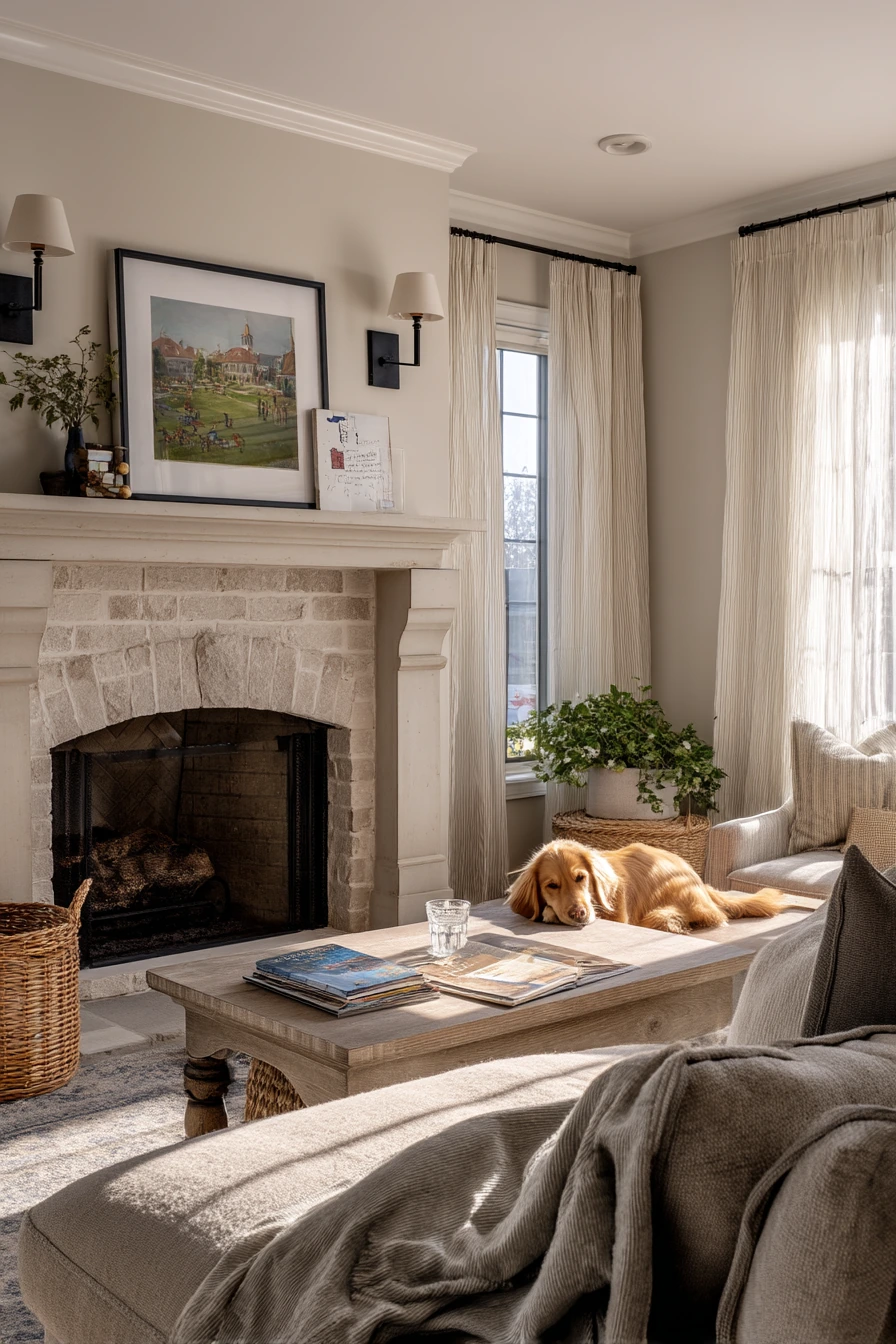 Sconces Over a Fireplace in a Kids-and-Pets Home