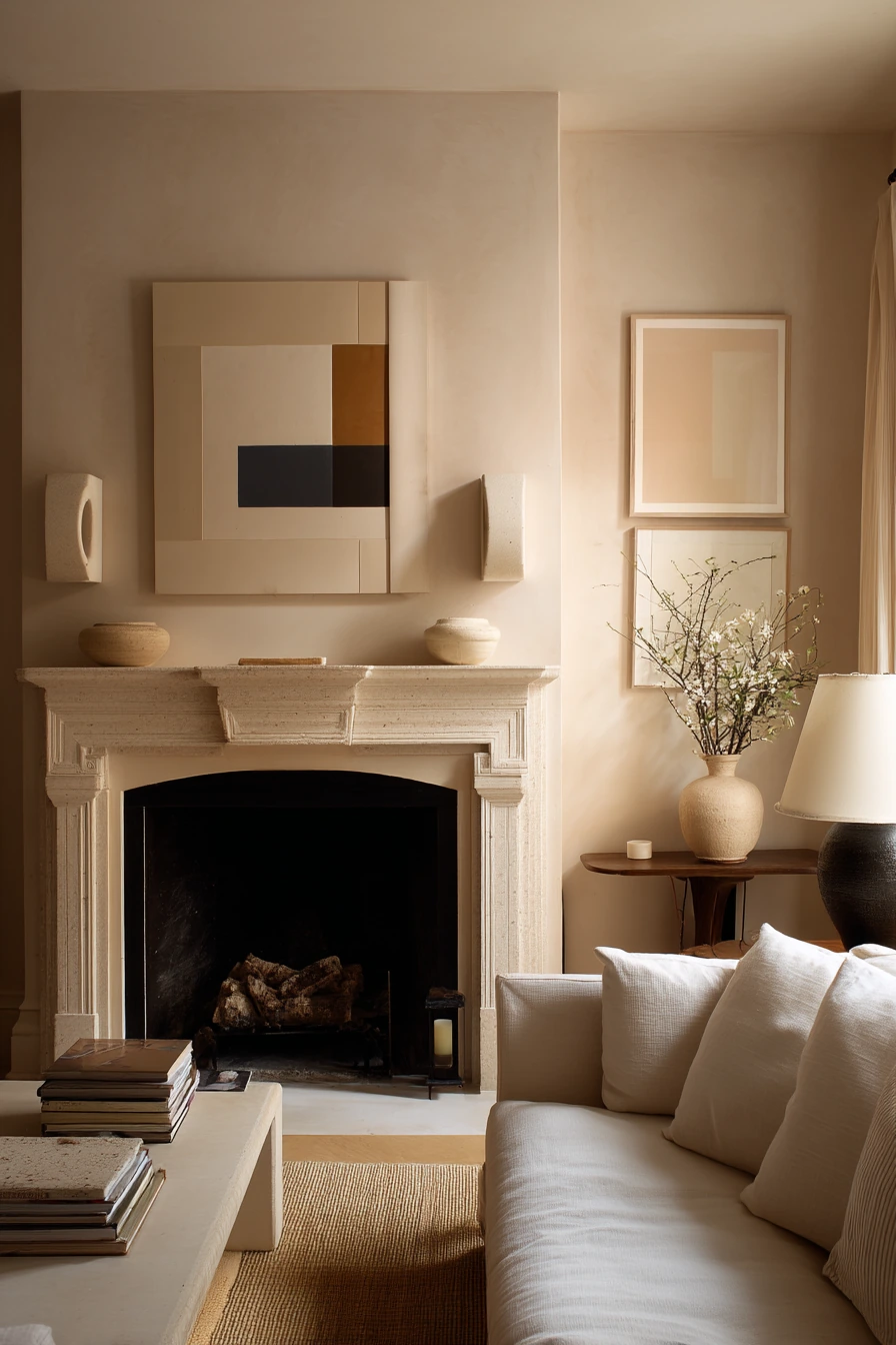 Design-Forward Fireplace Wall with Art and Sconces