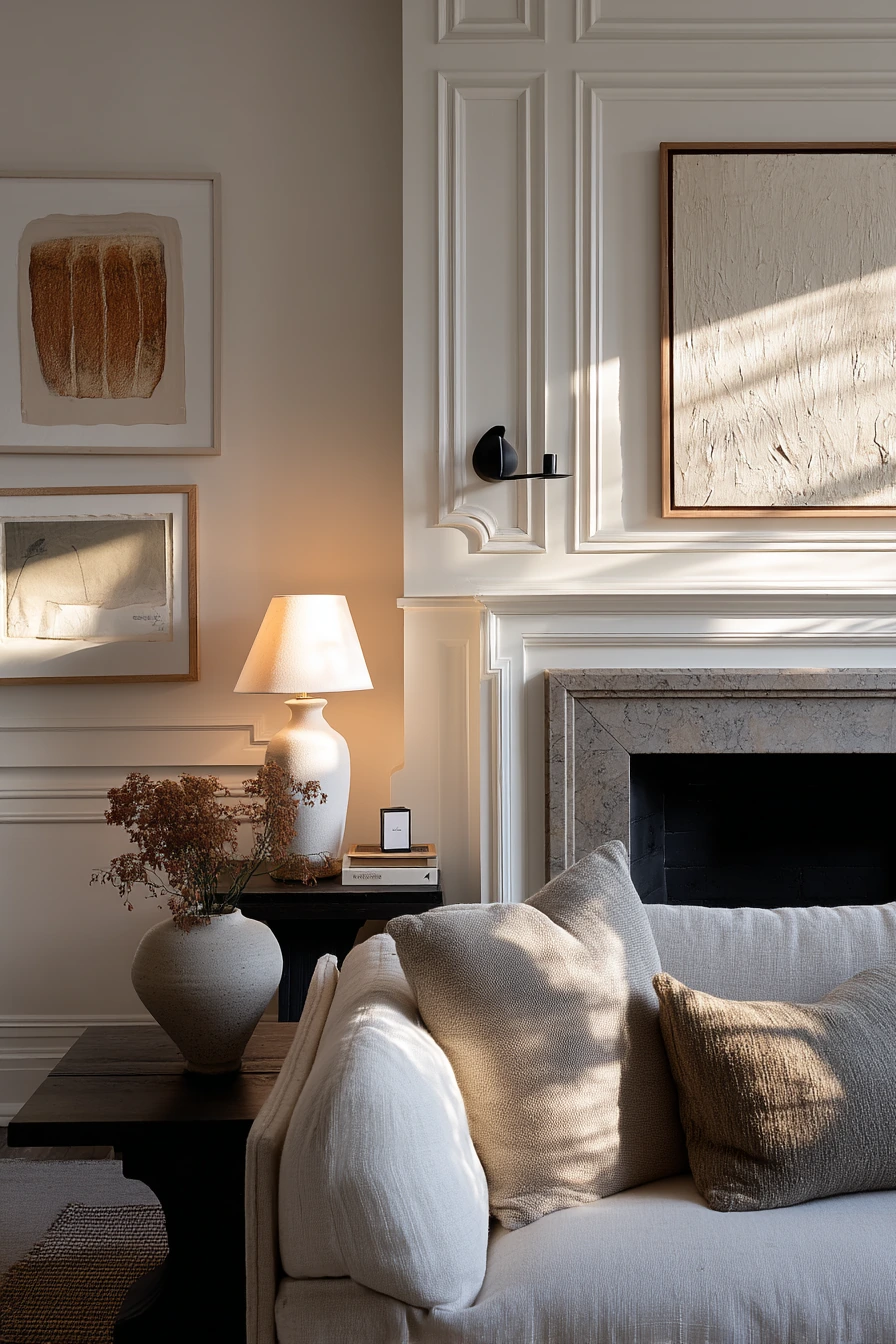Design-Forward Fireplace Wall with Art and Sconces