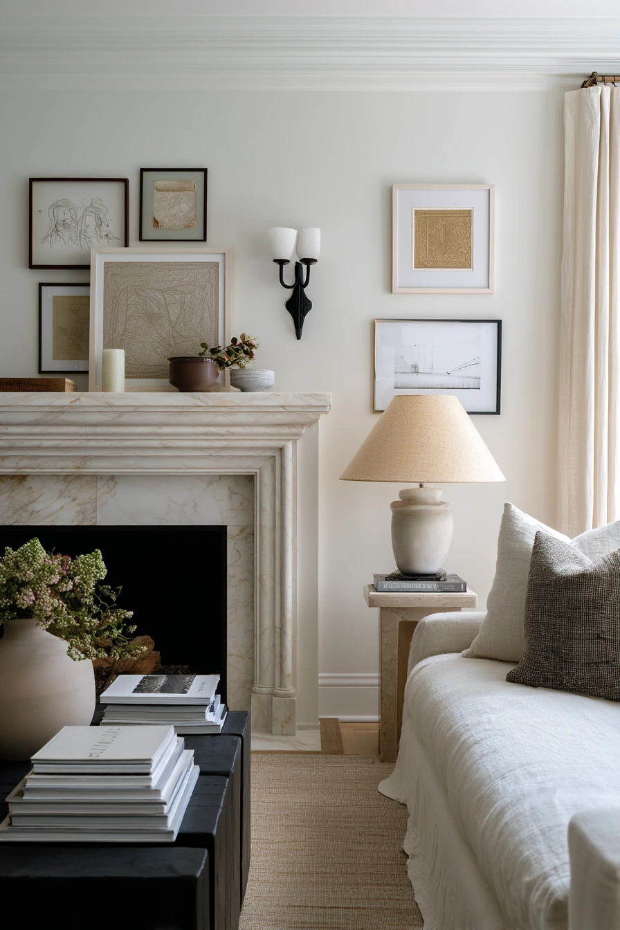 Design-Forward Fireplace Wall with Art and Sconces