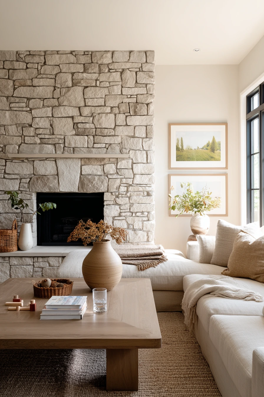 Family Room Stone Fireplace Wall