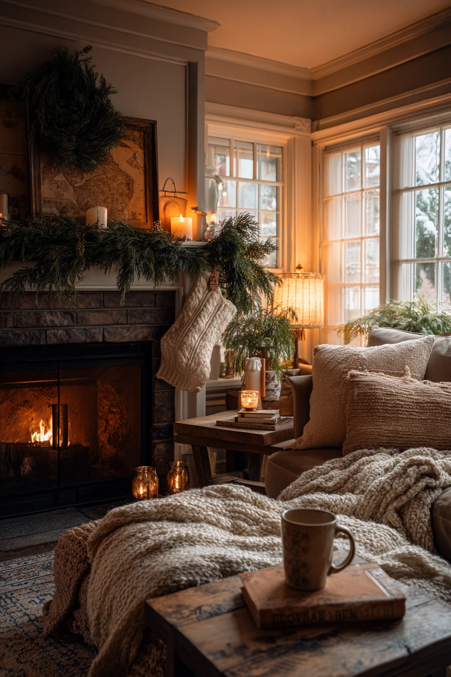 Cozy Winter Fireplace Wall With Seasonal Decor