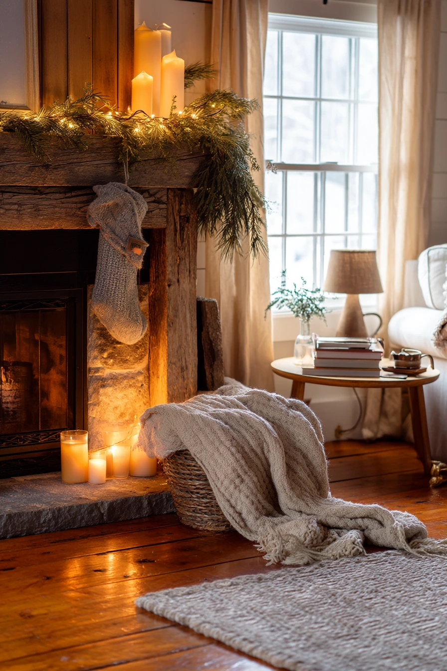 Cozy Winter Fireplace Wall With Seasonal Decor