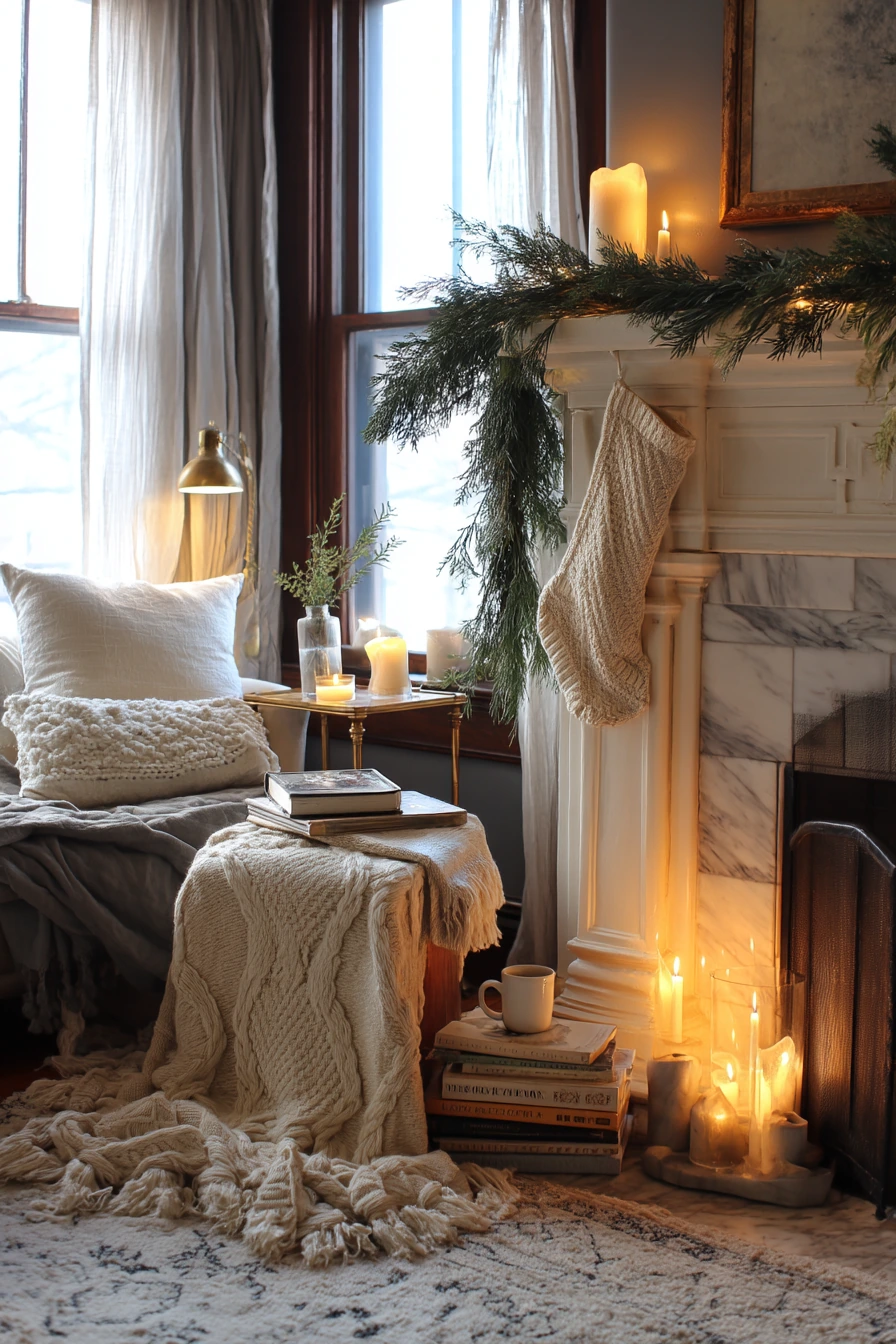 Cozy Winter Fireplace Wall With Seasonal Decor