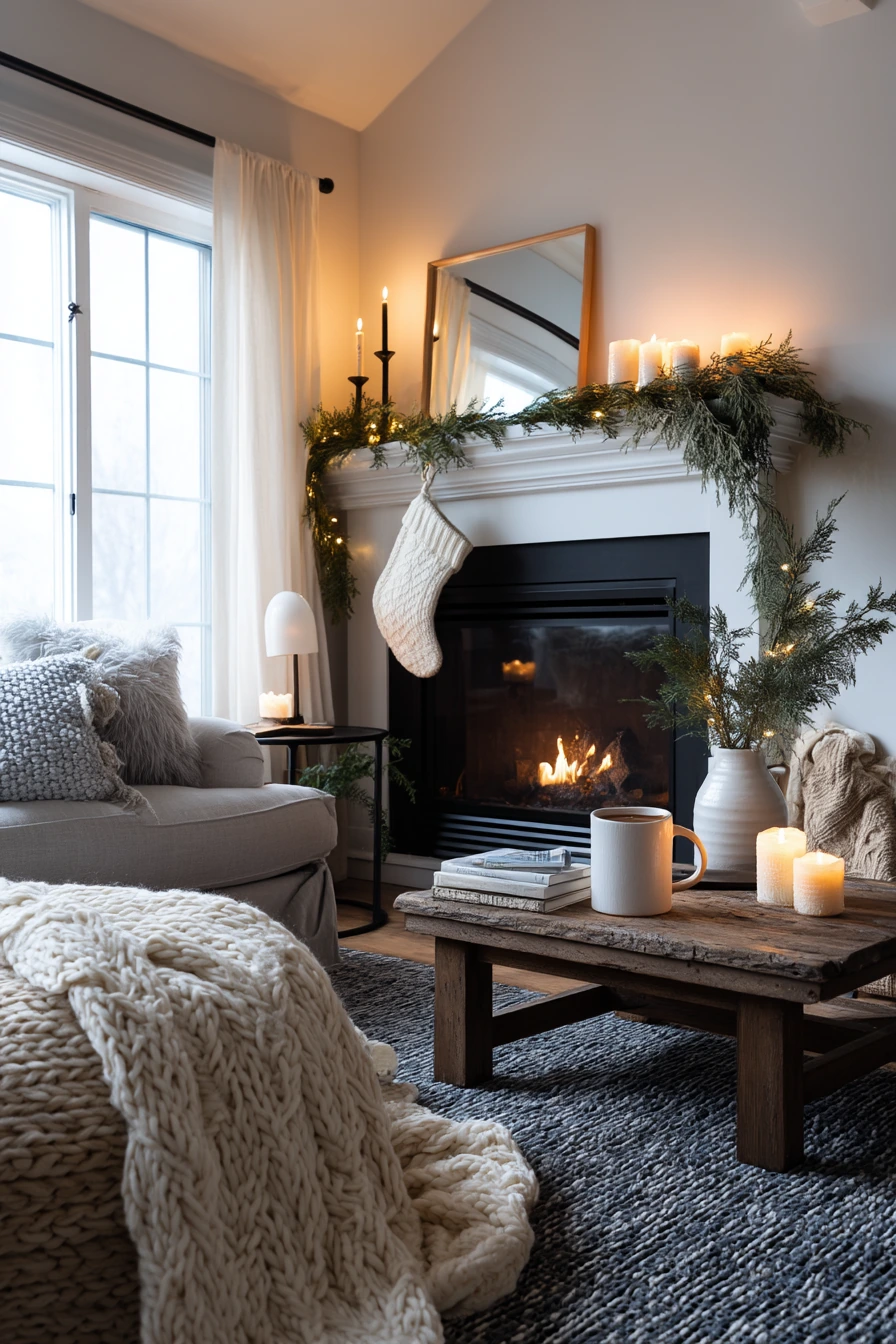 Cozy Winter Fireplace Wall With Seasonal Decor