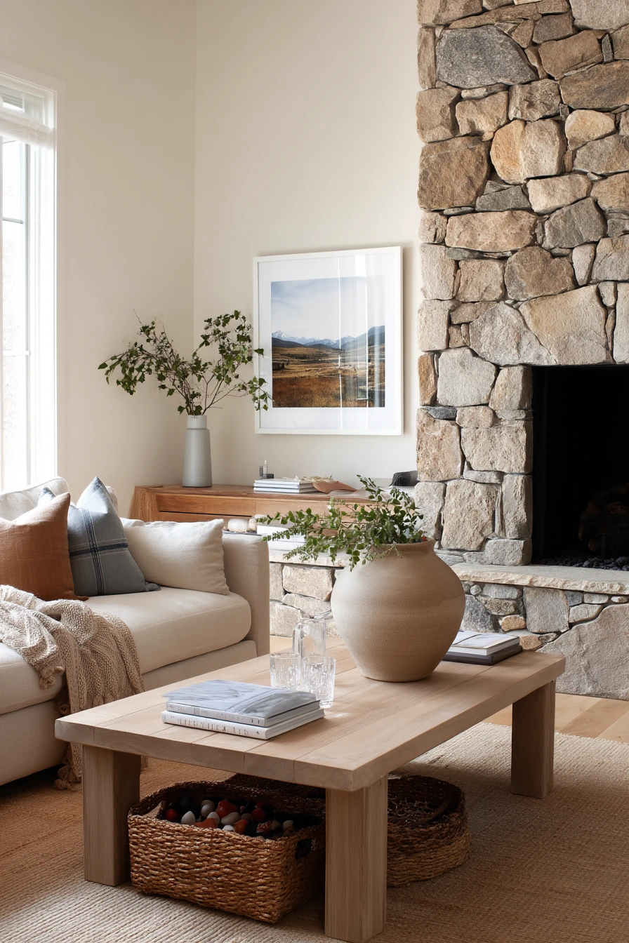 Family Room Stone Fireplace Wall