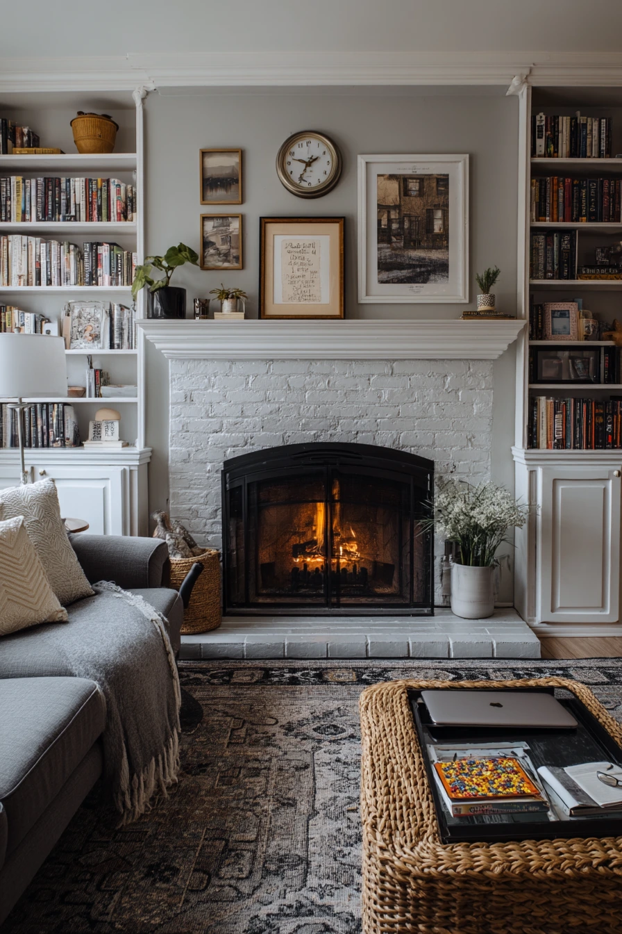 Fireplace Wall With Built-In Bookshelves