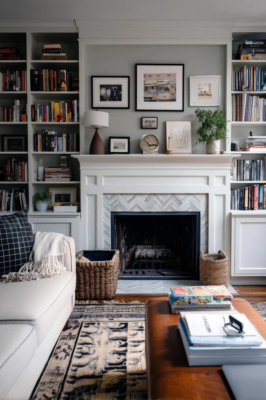 Fireplace Wall With Built-In Bookshelves