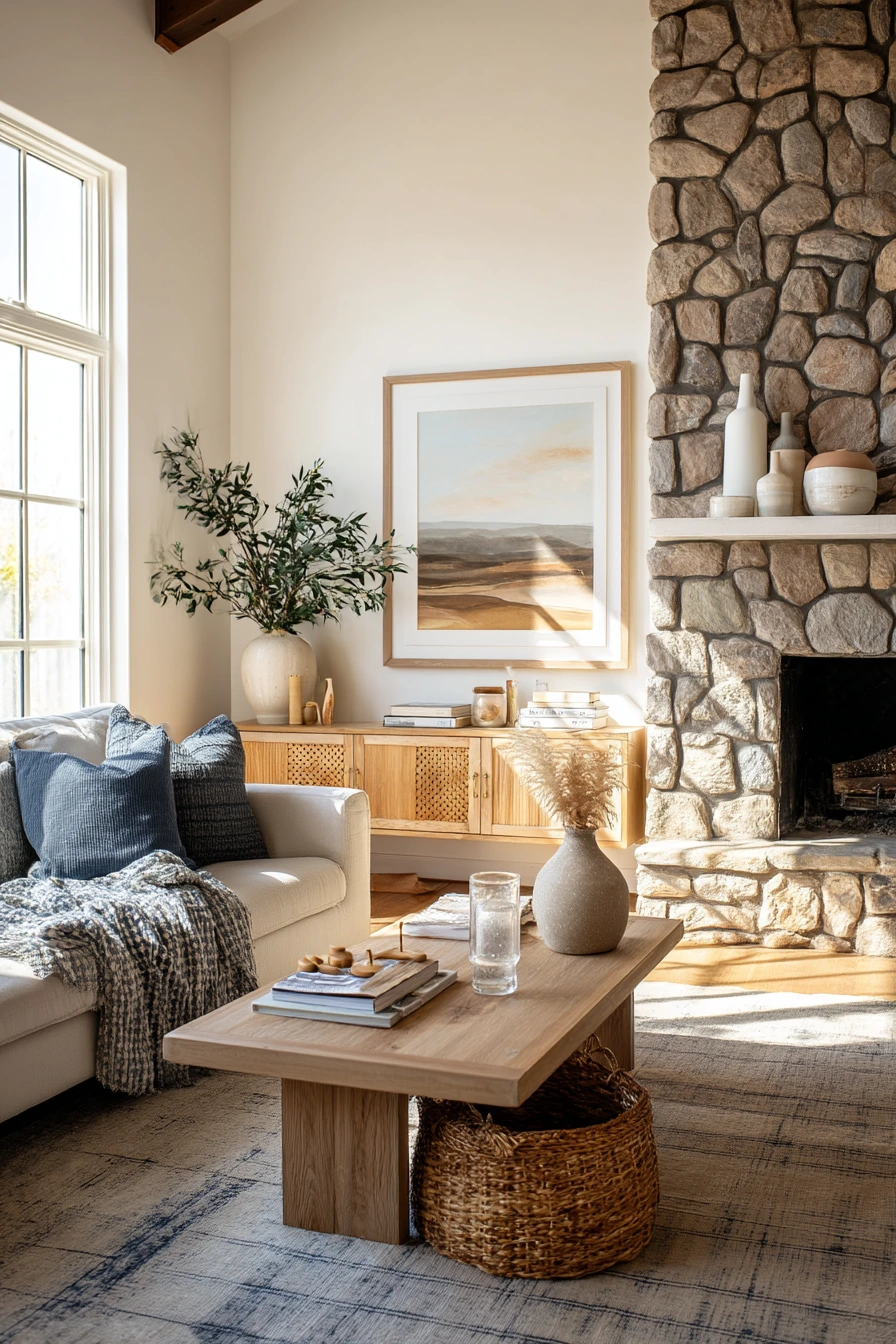 Family Room Stone Fireplace Wall