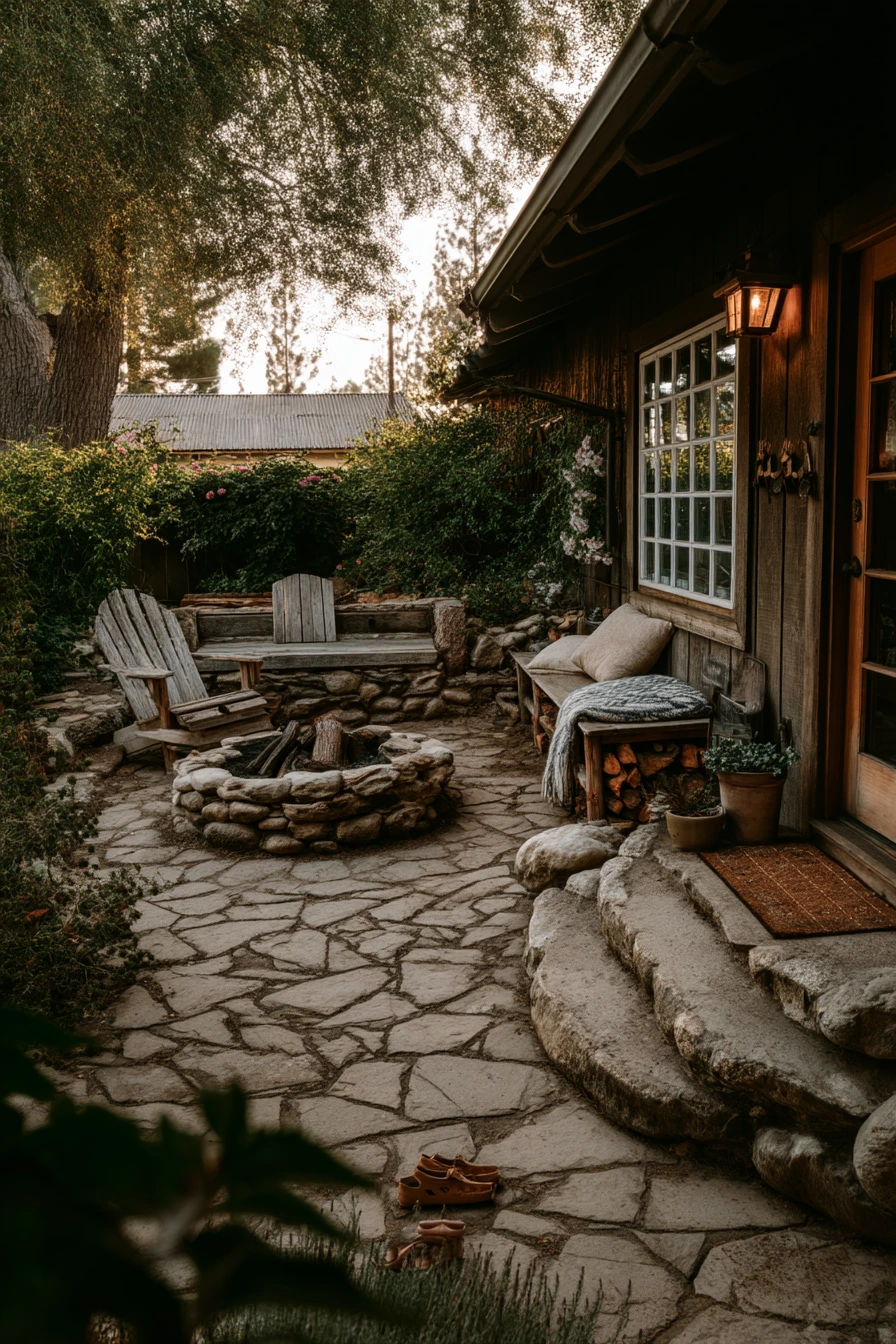3. Rustic Cottage Flagstone Patio With Fire Pit