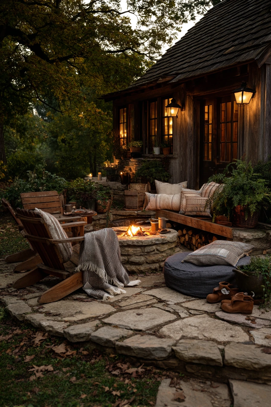 3. Rustic Cottage Flagstone Patio With Fire Pit