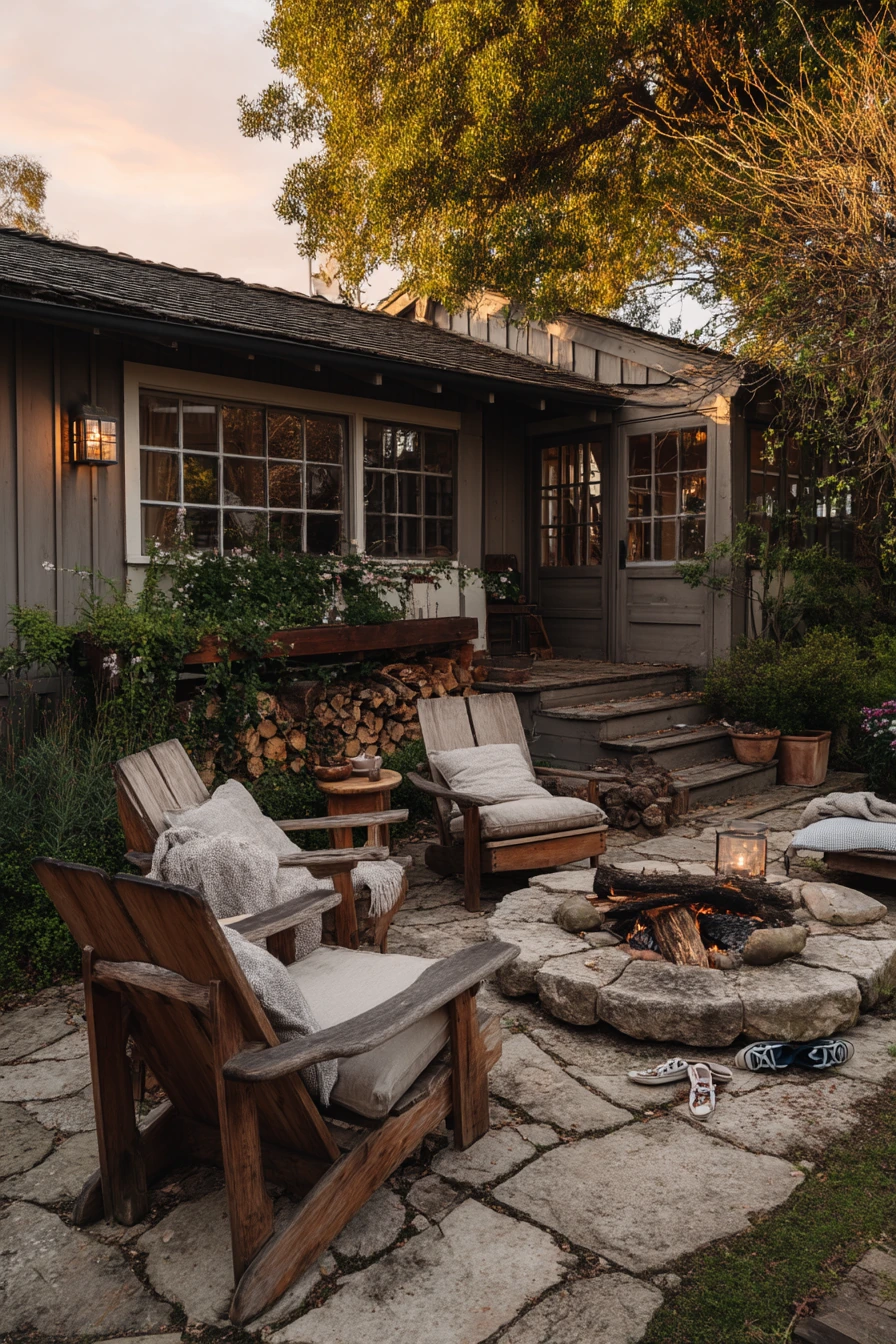 3. Rustic Cottage Flagstone Patio With Fire Pit