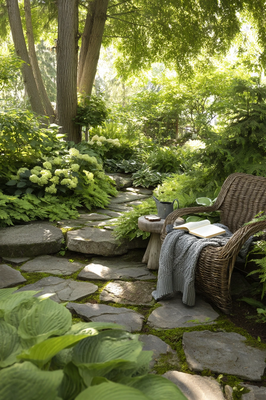 8. Shade Garden Flagstone Patio With Layered Planting