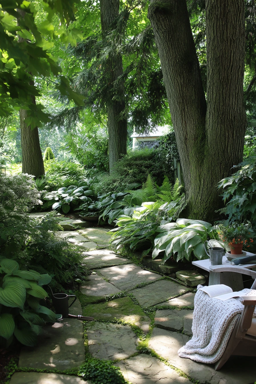 8. Shade Garden Flagstone Patio With Layered Planting