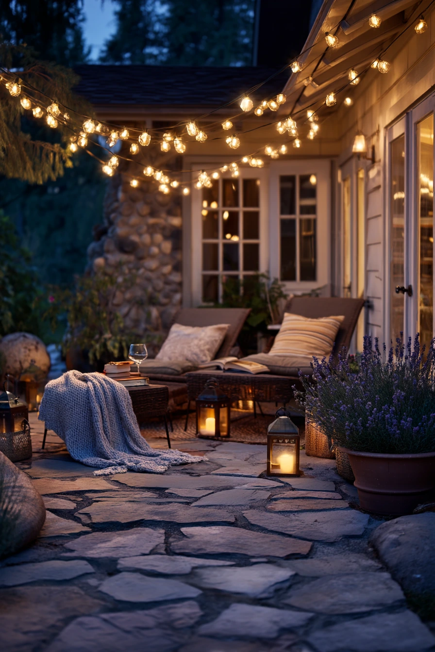 10. Cozy Evening Flagstone Patio With Outdoor Lights